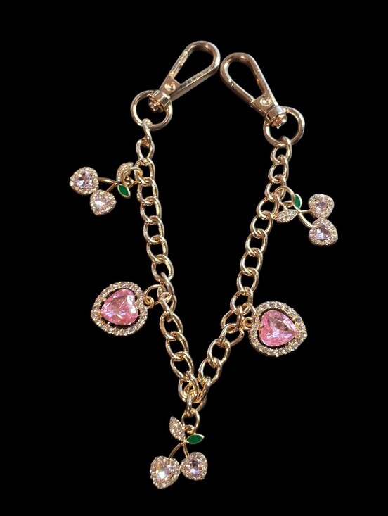 charmed by slg Handbags - Gold-Tone Pink Cherry Charm Dangle Bag Chain- Pink Crystal